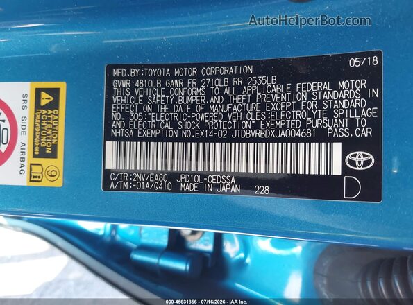 JTDBVRBDXJA004681 2018 TOYOTA MIRAI Синий Вид подкапотного пространства