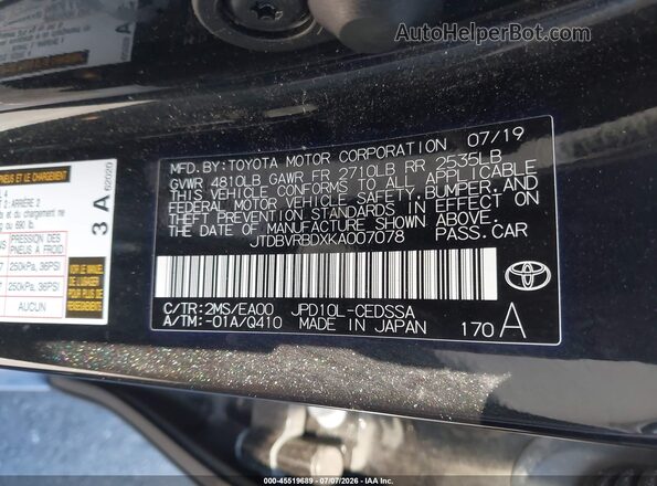 JTDBVRBDXKA007078 2019 TOYOTA MIRAI Black Вид підкапотного простору
