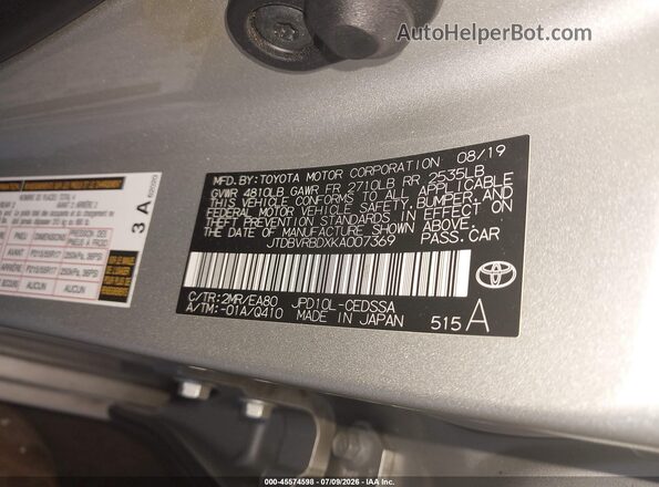 JTDBVRBDXKA007369 2019 TOYOTA MIRAI Silver ძრავის განყოფილების ხედი
