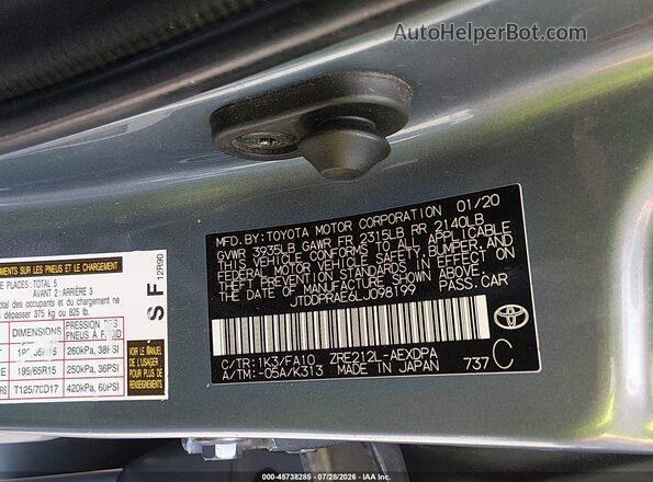 JTDDPRAE6LJ098199 2020 TOYOTA COROLLA Blue Vista del compartimento del motor