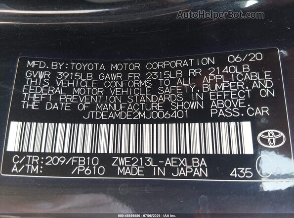 JTDEAMDE2MJ006401 2021 TOYOTA COROLLA Black Engine compartment view
