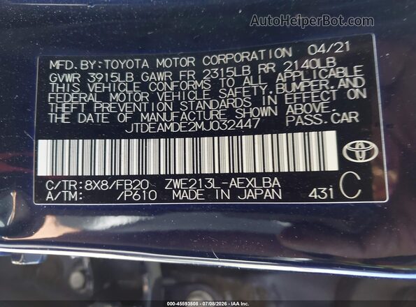 JTDEAMDE2MJ032447 2021 TOYOTA COROLLA Dark Blue Engine compartment view