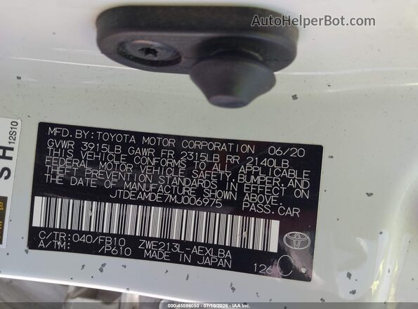 JTDEAMDE7MJ006975 2021 TOYOTA COROLLA White Вид підкапотного простору