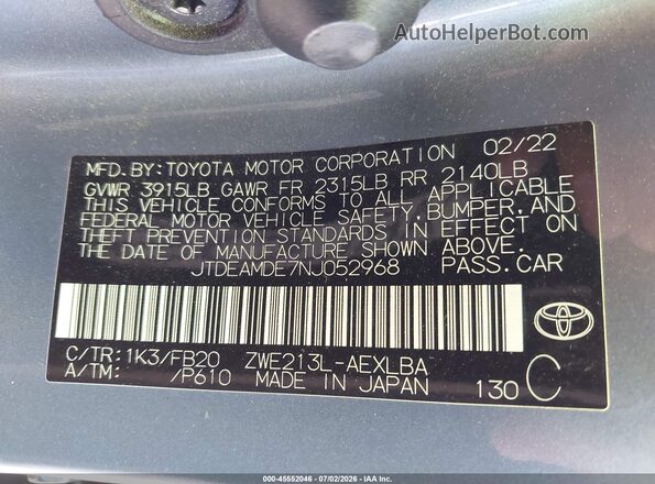 JTDEAMDE7NJ052968 2022 TOYOTA COROLLA Silver Vista del compartimento del motor
