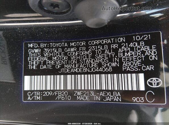 JTDEAMDE8NJ044068 2022 TOYOTA COROLLA Black Engine compartment view