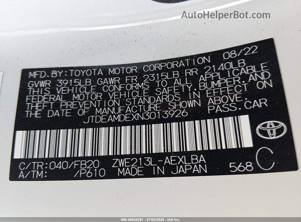 JTDEAMDEXN3013926 2022 TOYOTA COROLLA White Շարժիչի բաժամունքի տեսք