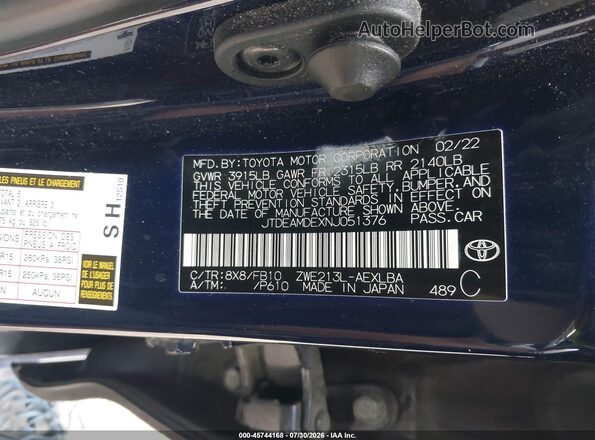 JTDEAMDEXNJ051376 2022 TOYOTA COROLLA Blue Շարժիչի բաժամունքի տեսք