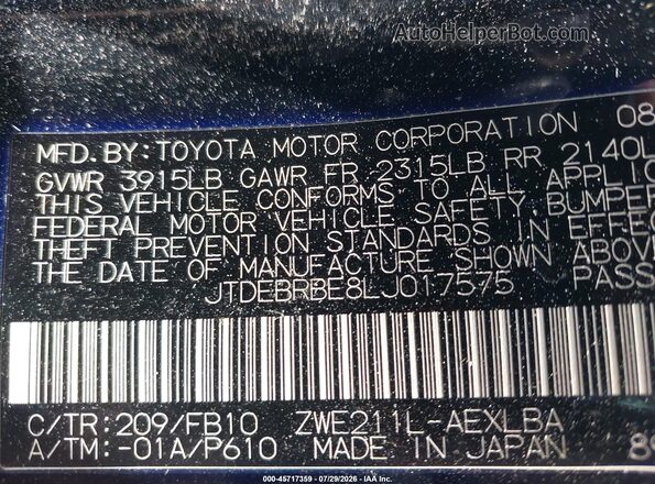 JTDEBRBE8LJ017575 2020 TOYOTA COROLLA Black Vista del compartimento del motor