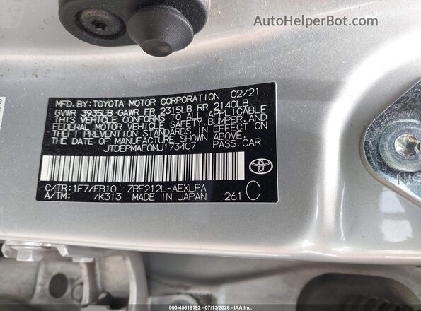 JTDEPMAE0MJ173407 2021 TOYOTA COROLLA Gray Շարժիչի բաժամունքի տեսք