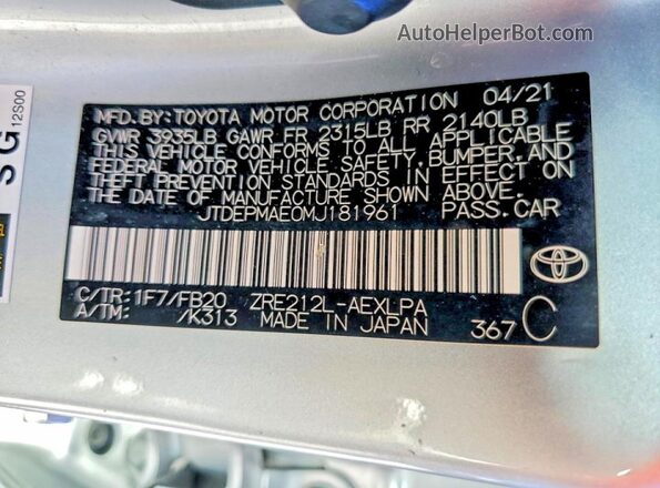 JTDEPMAE0MJ181961 2021 TOYOTA COROLLA Silver Vista de la etiqueta del VIN