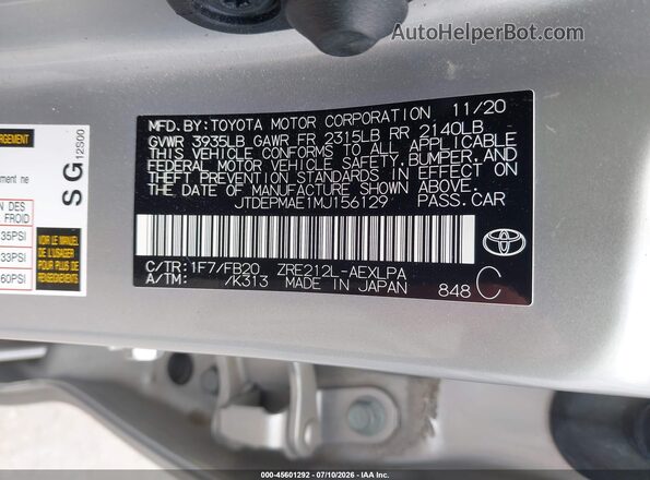 JTDEPMAE1MJ156129 2021 TOYOTA COROLLA Silver Widok komory silnika