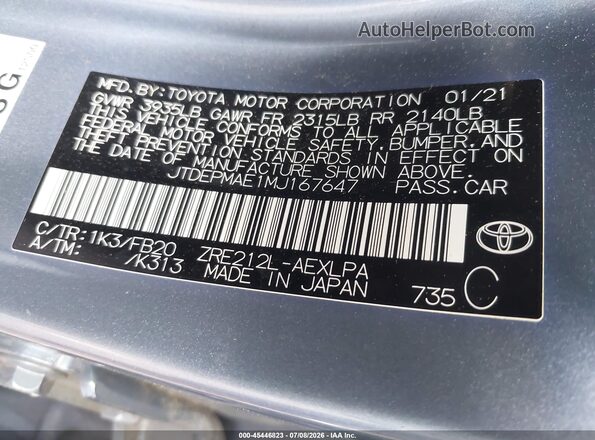 JTDEPMAE1MJ167647 2021 TOYOTA COROLLA Light Blue Widok komory silnika