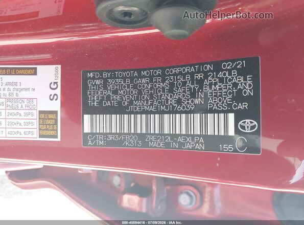 JTDEPMAE1MJ176039 2021 TOYOTA COROLLA Red Engine compartment view