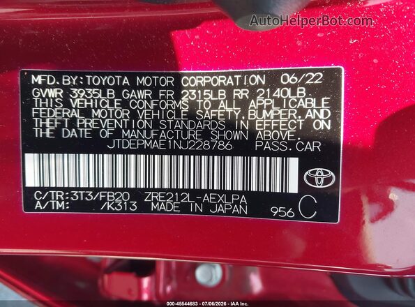 JTDEPMAE1NJ228786 2022 TOYOTA COROLLA Red Vista del compartimento del motor