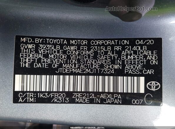 JTDEPMAE2MJ117324 2021 TOYOTA COROLLA Gray Вид підкапотного простору