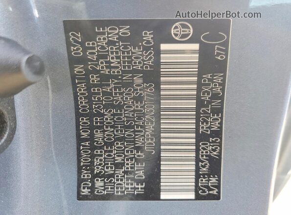 JTDEPMAE2N3017763 2022 TOYOTA COROLLA Blue VIN კოდის სტიკერის ხედი