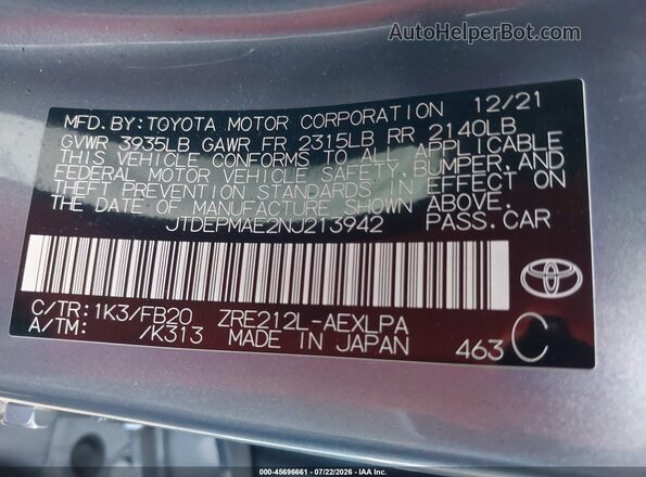 JTDEPMAE2NJ213942 2022 TOYOTA COROLLA Blue Widok komory silnika
