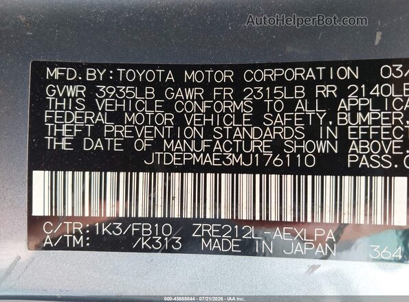 JTDEPMAE3MJ176110 2021 TOYOTA COROLLA Light Blue Вид подкапотного пространства