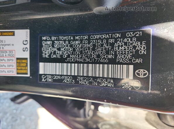 JTDEPMAE3MJ177466 2021 TOYOTA COROLLA Black Вид підкапотного простору