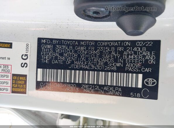 JTDEPMAE3N3012698 2022 TOYOTA COROLLA White ძრავის განყოფილების ხედი