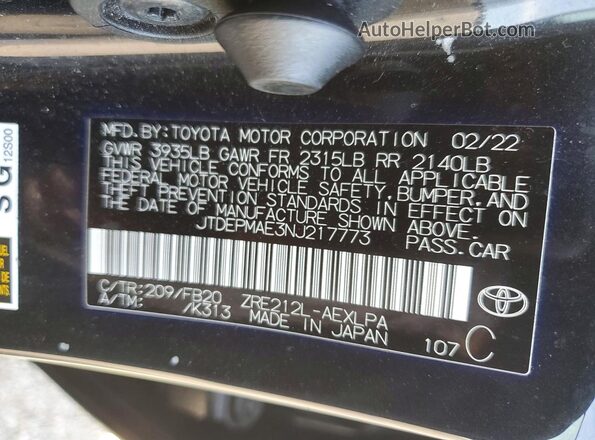 JTDEPMAE3NJ217773 2022 TOYOTA COROLLA Black Widok naklejki z numerem VIN
