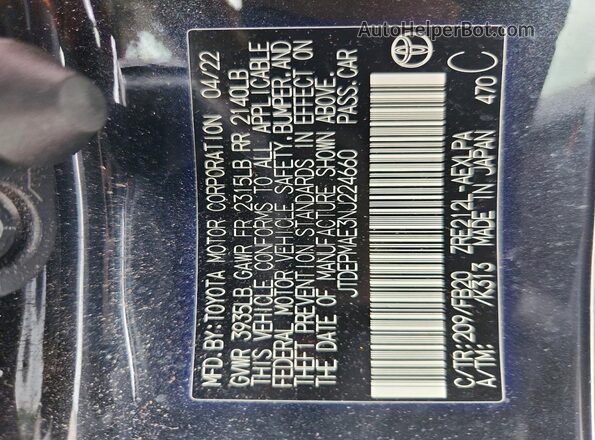 JTDEPMAE3NJ224660 2022 TOYOTA COROLLA Black ძრავის განყოფილების ხედი