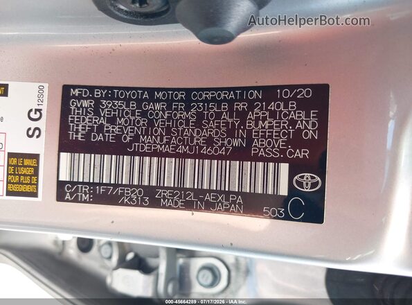 JTDEPMAE4MJ146047 2021 TOYOTA COROLLA Silver ძრავის განყოფილების ხედი