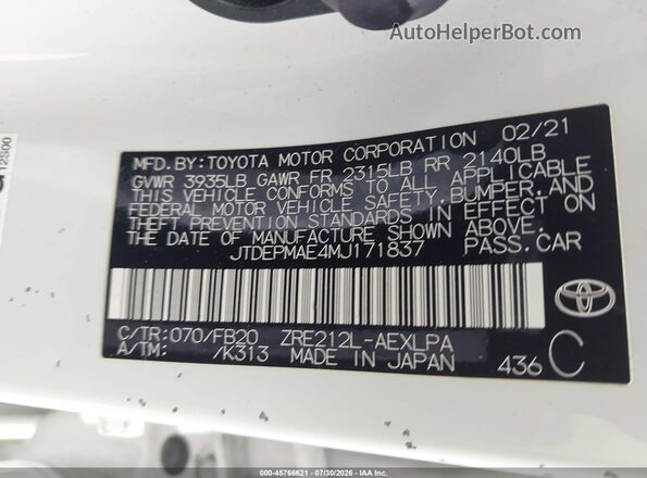 JTDEPMAE4MJ171837 2021 TOYOTA COROLLA White Vista del compartimento del motor