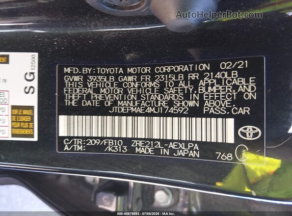 JTDEPMAE4MJ174592 2021 TOYOTA COROLLA Черный Вид подкапотного пространства