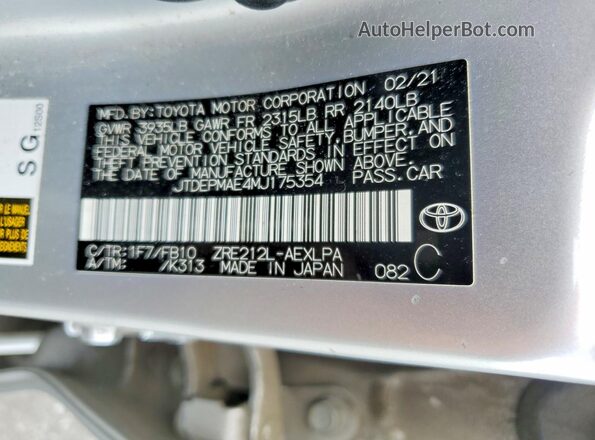 JTDEPMAE4MJ175354 2021 TOYOTA COROLLA Silver Vista del compartimento del motor