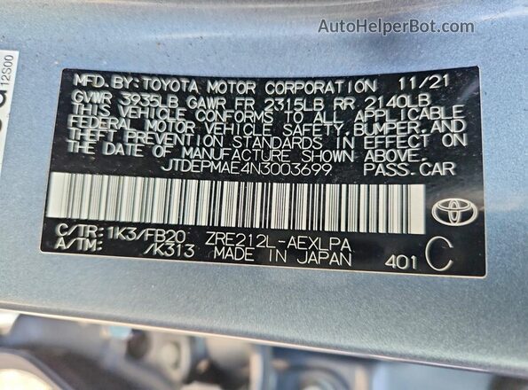 JTDEPMAE4N3003699 2022 TOYOTA COROLLA Синий Вид наклейки с VIN-кодом