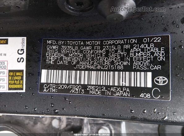 JTDEPMAE4NJ215188 2022 TOYOTA COROLLA Black Вид підкапотного простору
