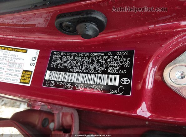 JTDEPMAE4NJ220570 2022 TOYOTA COROLLA Red Engine compartment view