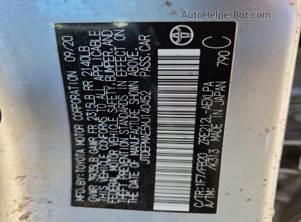 JTDEPMAE5MJ140452 2021 TOYOTA COROLLA Серебряный Вид наклейки с VIN-кодом