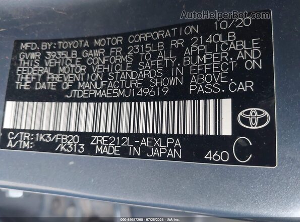 JTDEPMAE5MJ149619 2021 TOYOTA COROLLA Gray Widok komory silnika