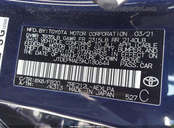 JTDEPMAE5MJ180644 2021 TOYOTA COROLLA Blue Vista del compartimento del motor