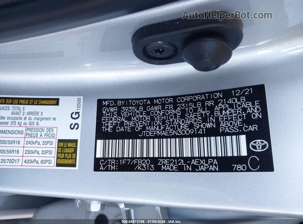 JTDEPMAE5N3009141 2022 TOYOTA COROLLA Silver ძრავის განყოფილების ხედი