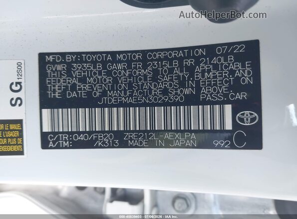 JTDEPMAE5N3029390 2022 TOYOTA COROLLA White Շարժիչի բաժամունքի տեսք