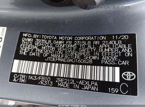JTDEPMAE6MJ160628 2021 TOYOTA COROLLA Light Blue Engine compartment view