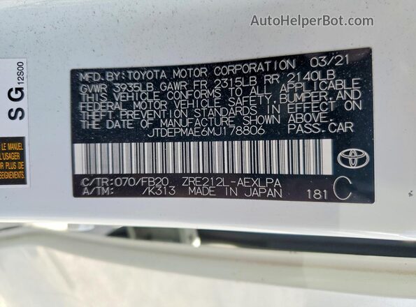JTDEPMAE6MJ178806 2021 TOYOTA COROLLA White Engine compartment view