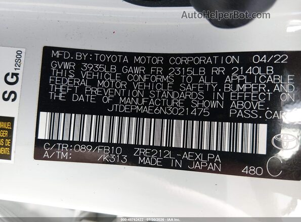 JTDEPMAE6N3021475 2022 TOYOTA COROLLA White ძრავის განყოფილების ხედი