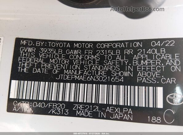 JTDEPMAE6N3021654 2022 TOYOTA COROLLA White Vista del compartimento del motor