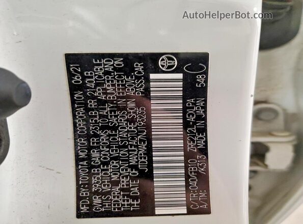 JTDEPMAE7NJ193235 2022 TOYOTA COROLLA White VIN կոդի պիտակի տեսք