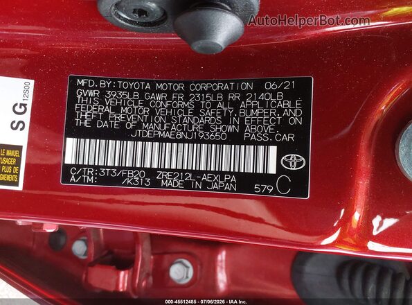 JTDEPMAE8NJ193650 2022 TOYOTA COROLLA Red Вид підкапотного простору