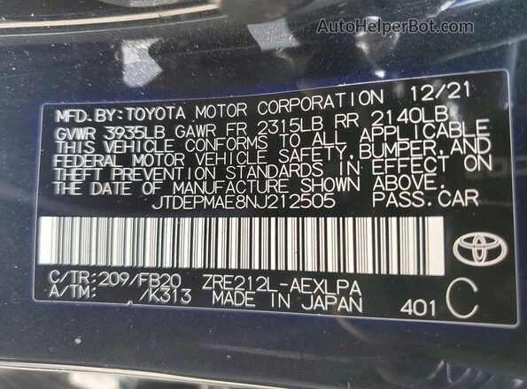 JTDEPMAE8NJ212505 2022 TOYOTA COROLLA Black Widok komory silnika