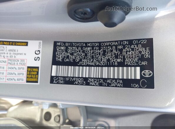 JTDEPMAE9N3011118 2022 TOYOTA COROLLA Gray Вид підкапотного простору