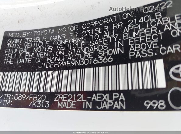 JTDEPMAE9N3016366 2022 TOYOTA COROLLA White Engine compartment view