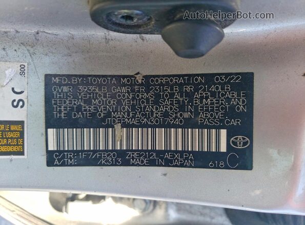 JTDEPMAE9N3017940 2022 TOYOTA COROLLA Silver VIN կոդի պիտակի տեսք