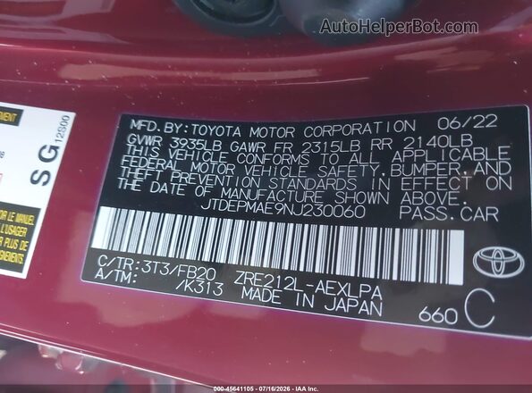 JTDEPMAE9NJ230060 2022 TOYOTA COROLLA Red Vista del compartimento del motor