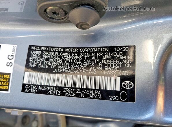 JTDEPMAEXMJ150748 2021 TOYOTA COROLLA Синий Вид наклейки с VIN-кодом